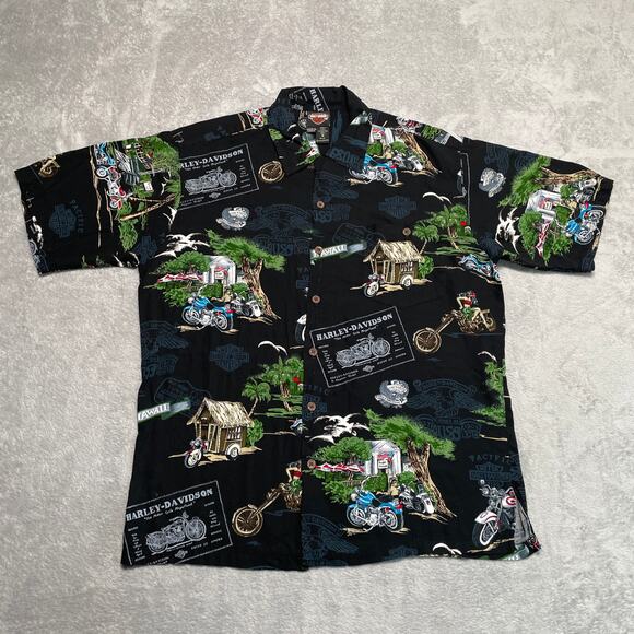 Harley Davidson Tori Richard Hawaiian Shirt Mens Medium Loop Collar Hula Biker - Picture 1 of 14
